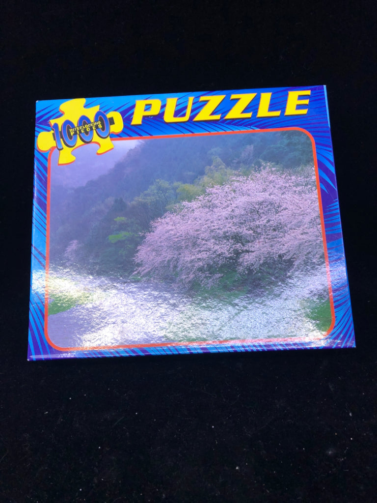NIB 1000 PC PUZZLE WHITE BLOOMING TREE ALONG RIVER
