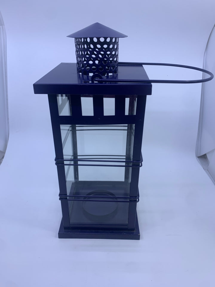 NAVY BLUE METAL, PILLAR CANDLE LANTERN.