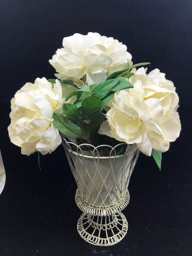 CREAM METAL FOOTED PLANTER W FAUX WHITE FLORAL.