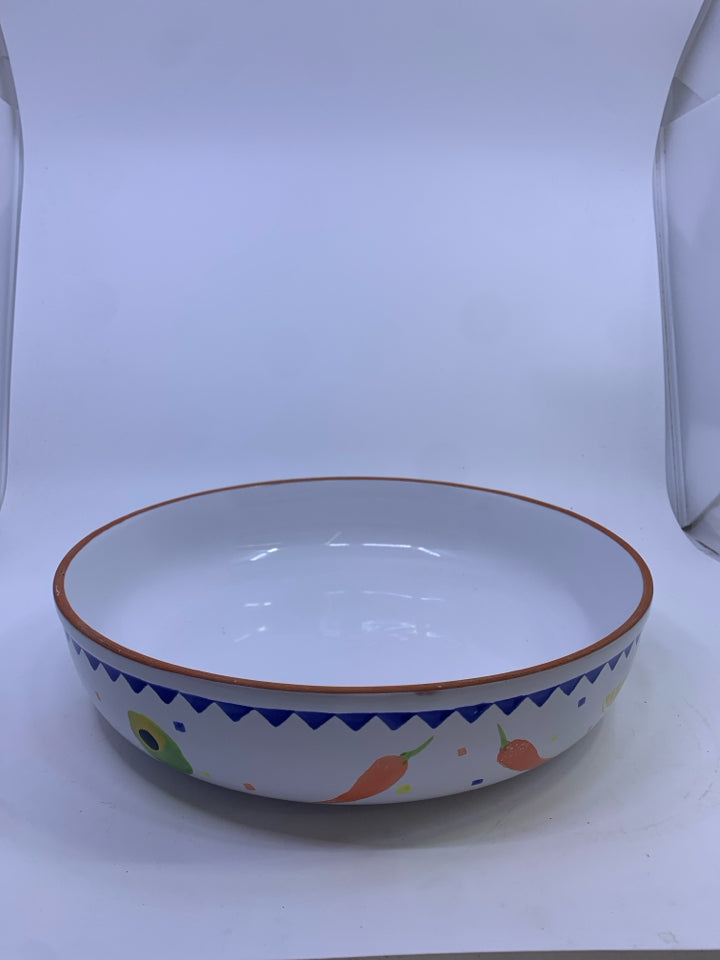 TERRA COTTA SERVING BOWL W/ PEPPERS+AVOCADO DETAIL.