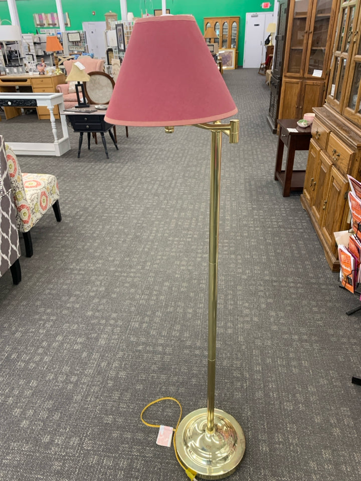 SWING ARM FLOOR LAMP WITH FABRIC SHADE.