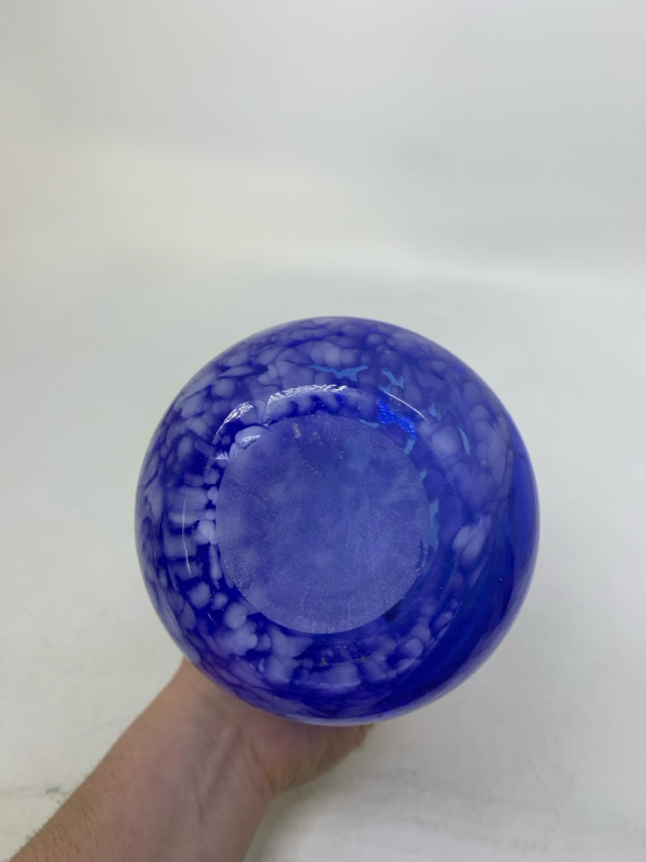 DARK BLUE BLOWN GLASS VASE W/ WHITE SPECKLES.