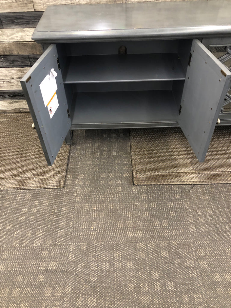 BLUE/GREY LONG CONSOLE TABLE W/ MIRRORED CABINETS SHELVES.