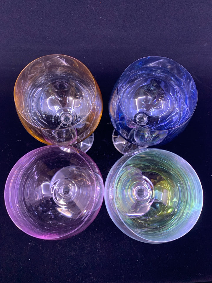 4 COLORFUL BULB WINE GLASSES.