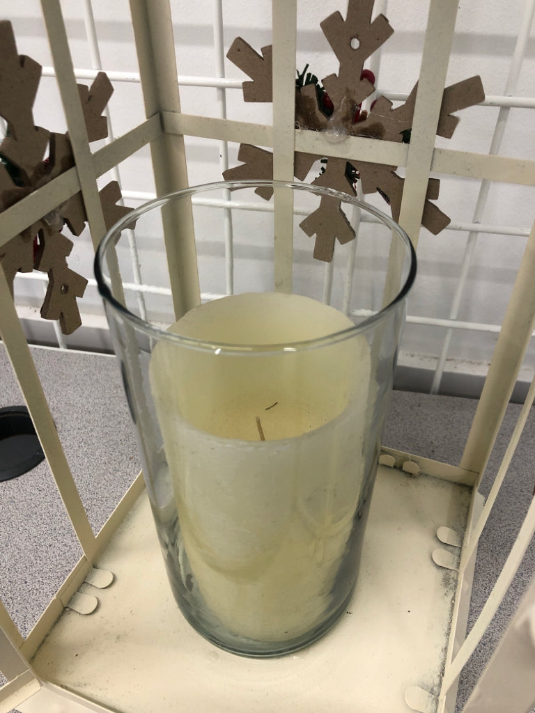 LG WHITE CANDLE LANTERN W/SNOWFLAKES.