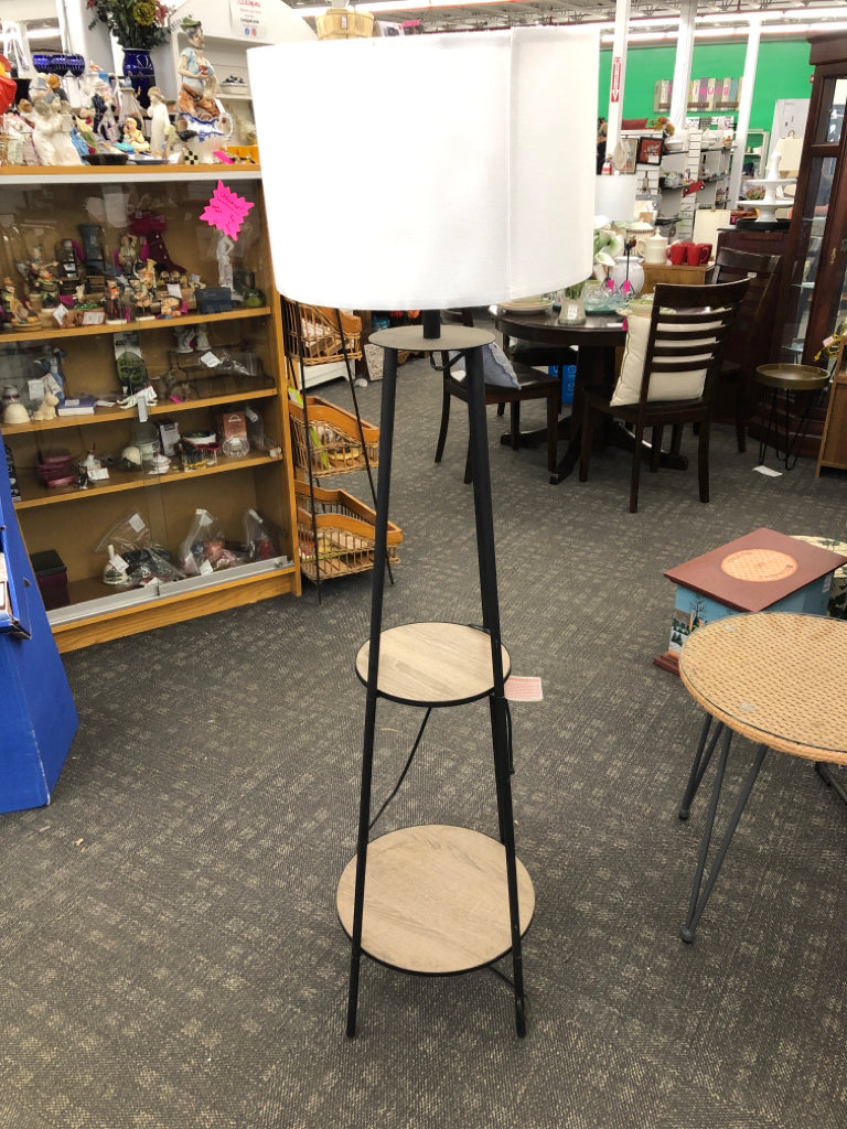 TRIPOD FLOOR LAMP W/SHELVES.