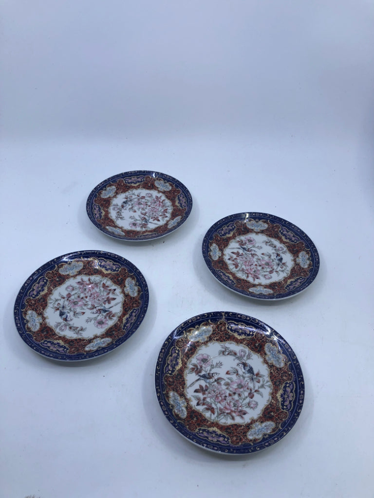 4 BLUE AND RED BIRD AND FLORAL APP PLATES.