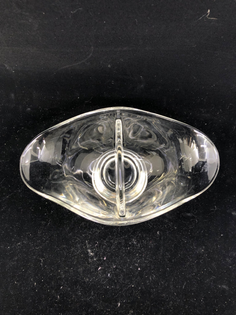 FOOTED DIVIDED GLASS DISH W METAL BOTTOM.