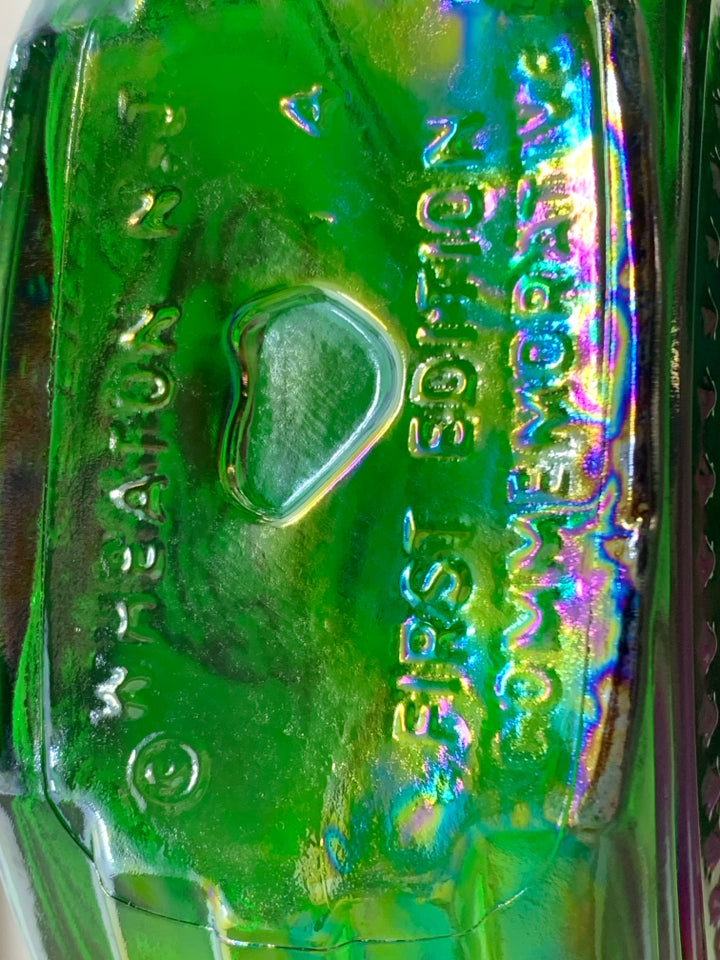 VTG GREEN IRIDESCENT GLASS EISENHOWER EMPTY BOTTLE.