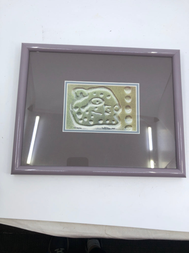 LAVENDER FRAME W/ TEXTURED MULTI-COLORED ABSTRACT DESIGN WALL ART.