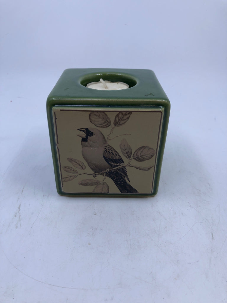 GREEN SQUARE CANDLE HOLDER W/ BIRD PRINT.