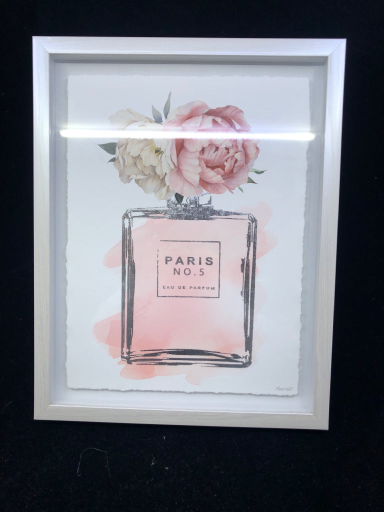 FRAMED PERFUME BOTTLE W PINK AND WHITE FLORAL WALL HANGING.