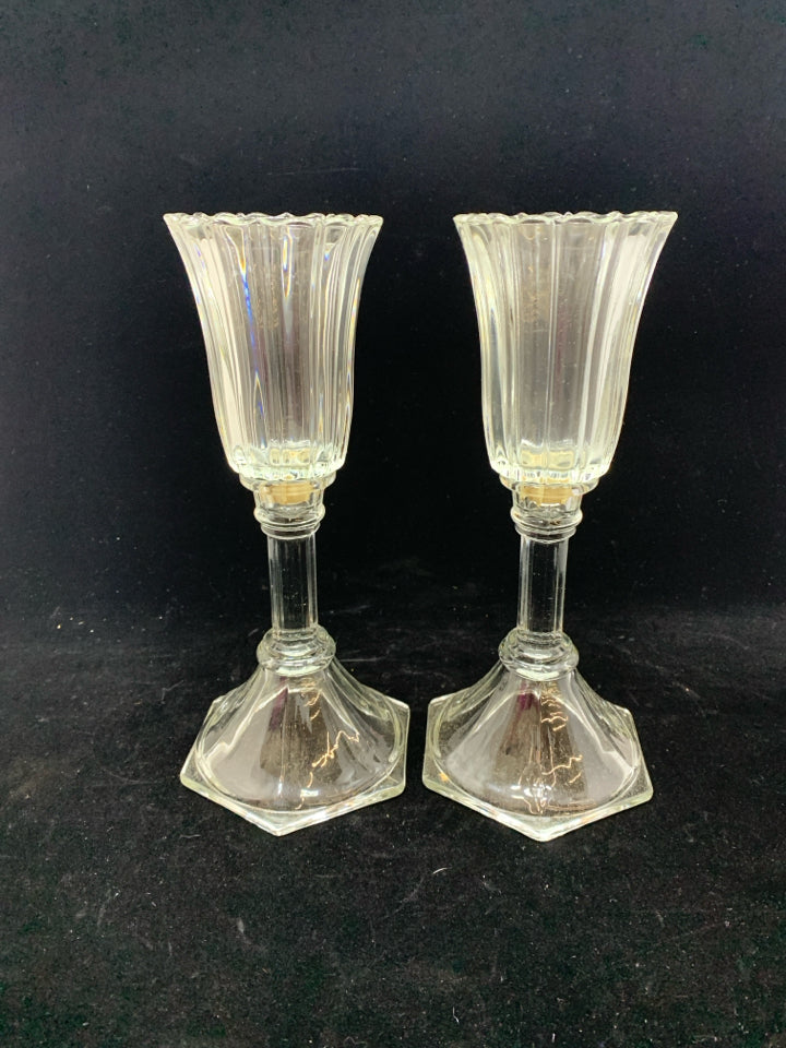 2 GLASS CANDLE HOLDERS W/RIBBED TOP.