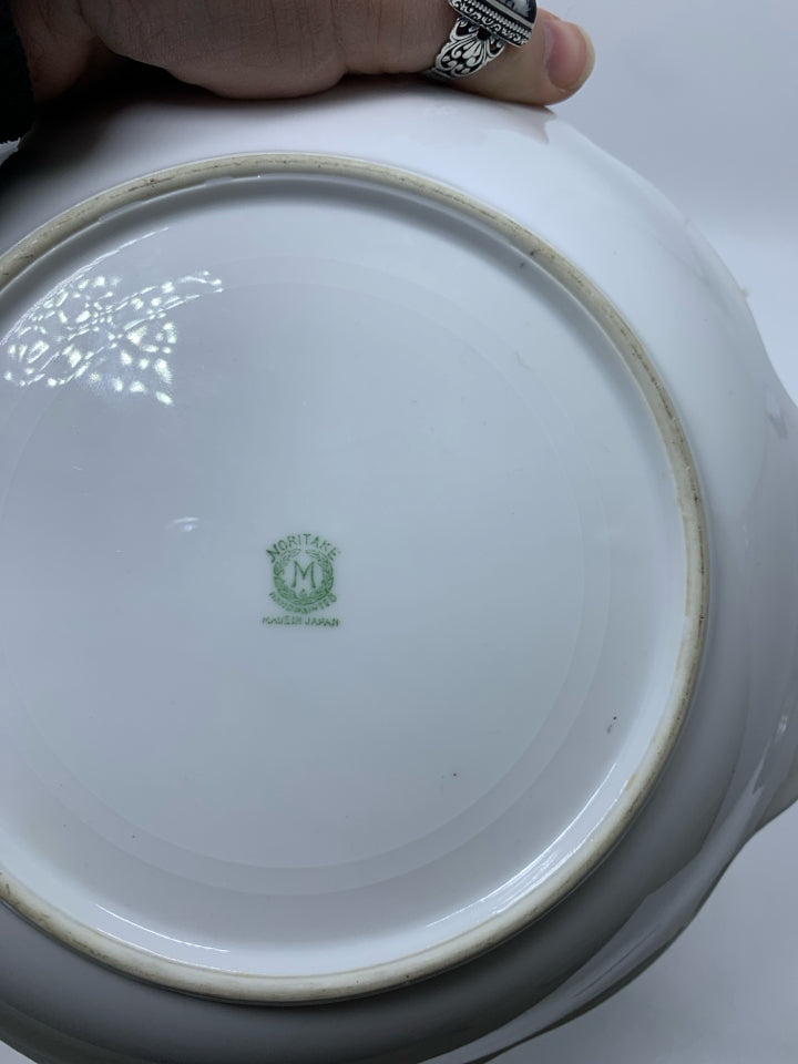 VTG DOUBLE HANDLED SERVING BOWL W/ BLUE & YELLOW FLORAL DETAIL.