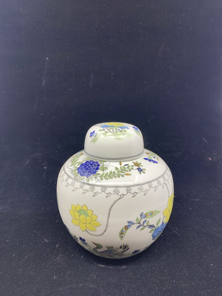 YELLOW BLUE FLORAL GINGER JAR.