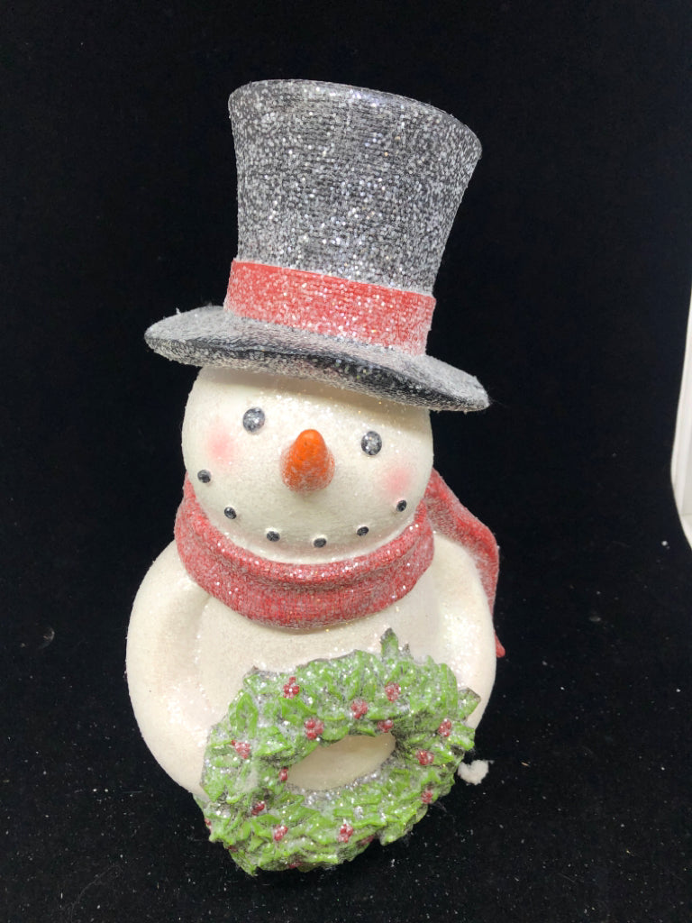 CERAMIC GLITTER SNOWMAN HOLDING WREATH.