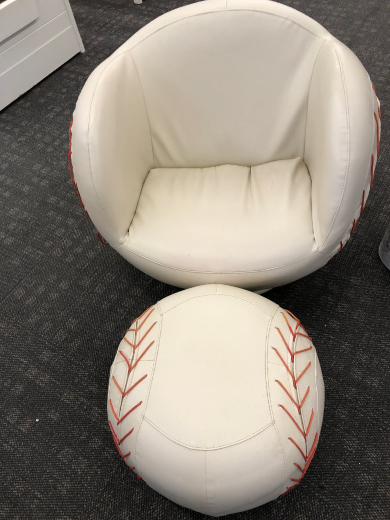 FAUX LEATHER BASEBALL SWIVEL CHAIR & OTTOMAN.