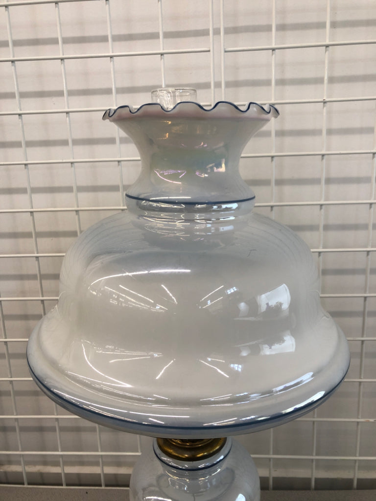 VTG BLUE ROSE MILK GLASS HURRICANE LAMP.