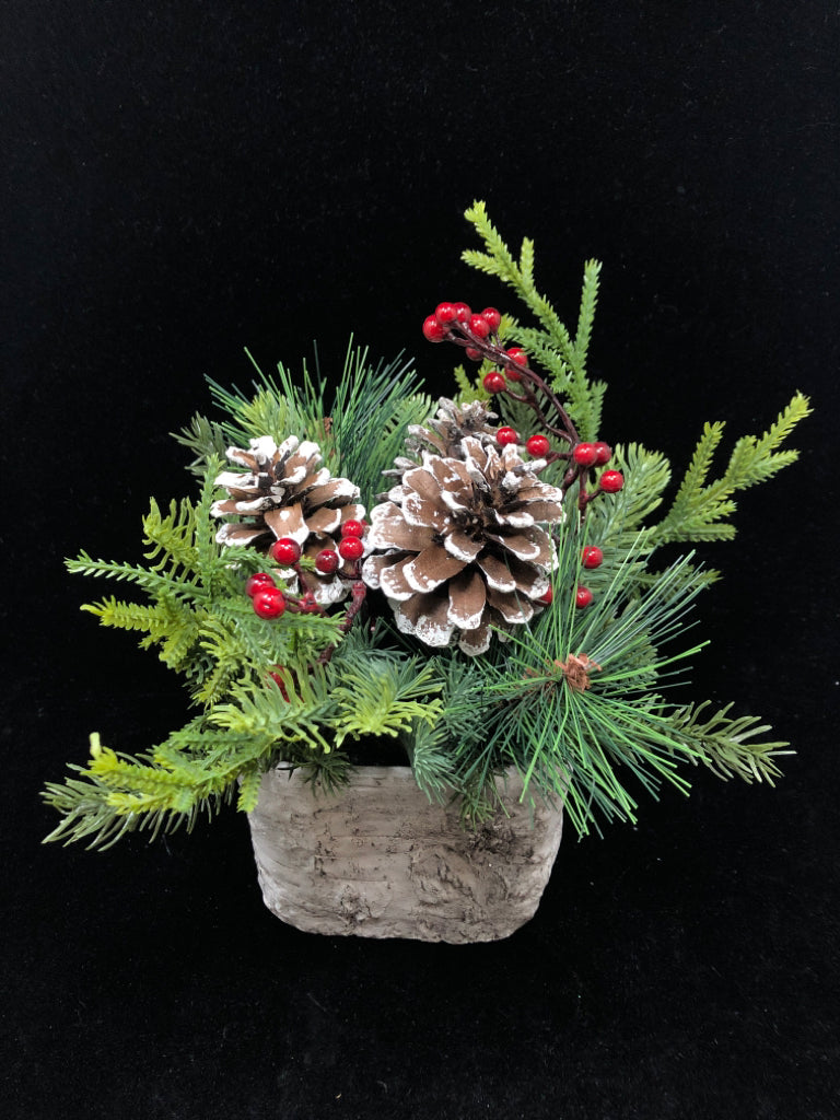 RED BERRY/PINE NEEDLES/FROSTED PINE CONES IN BARK CERAMIC VASE.