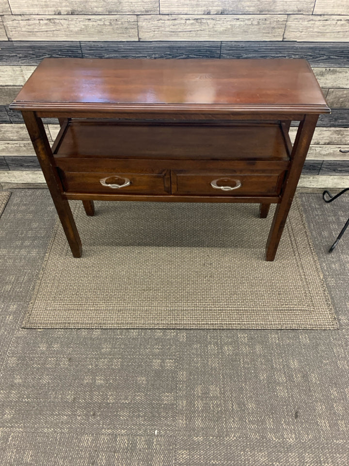 DARK WOOD CONSOLE TABLE W/ SILVER HARDWARE 2 DRAWERS+ SHELF.