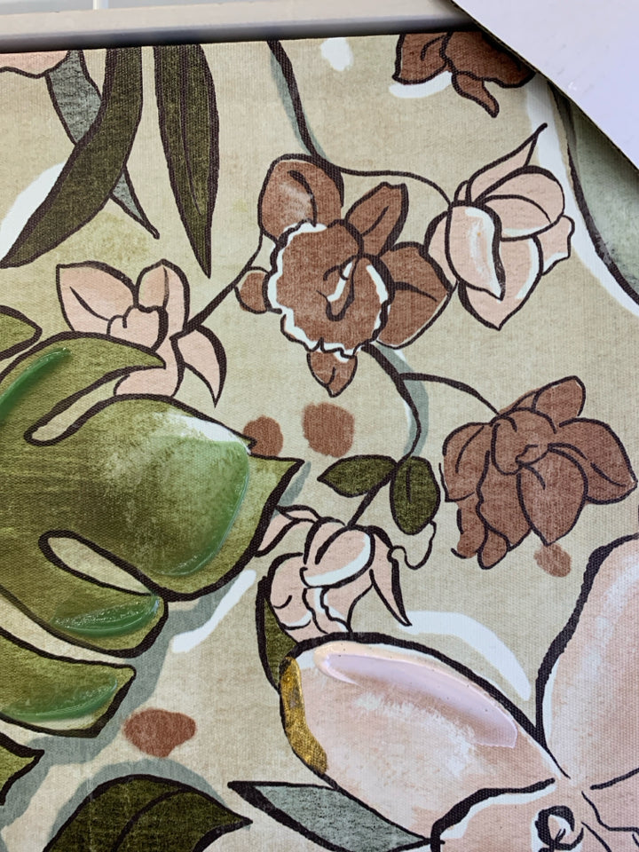 NEW PINK & GREEN FLORAL WALL ART W/ GOLD ACCENTS & PALE PINK BORDER.