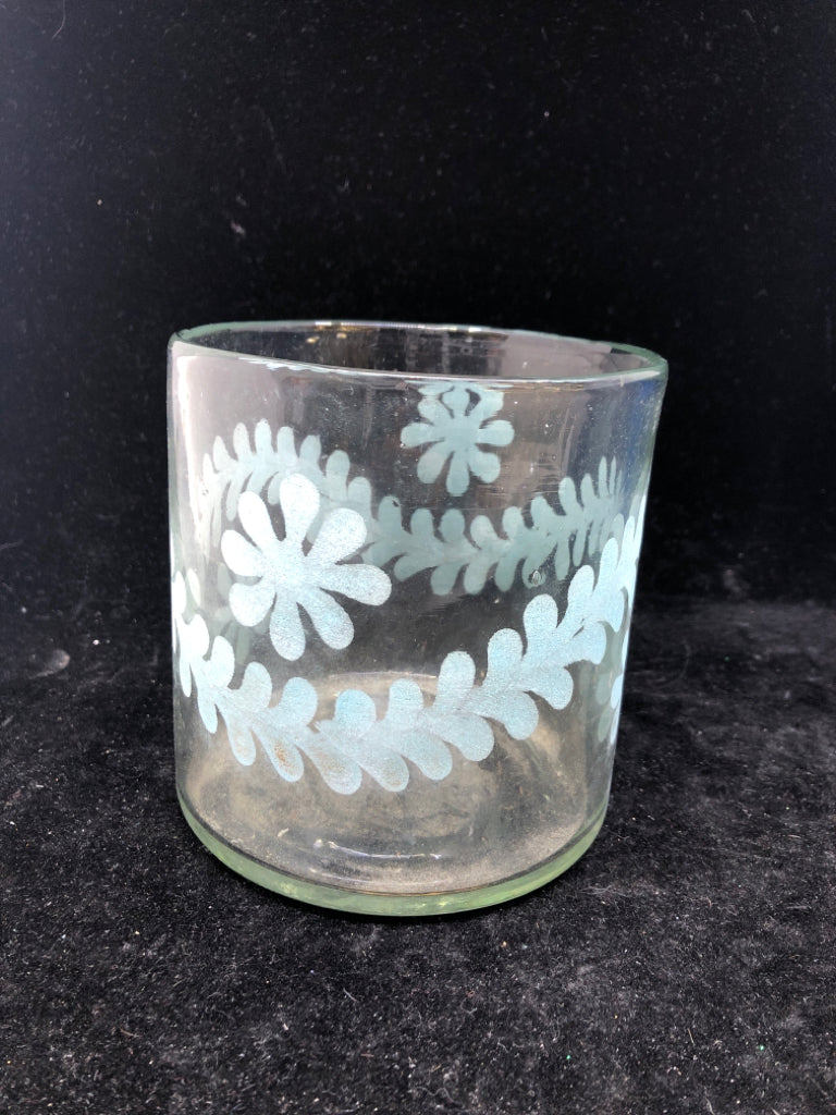 BLUE LEAVES GLASS CANDLE HOLDER.