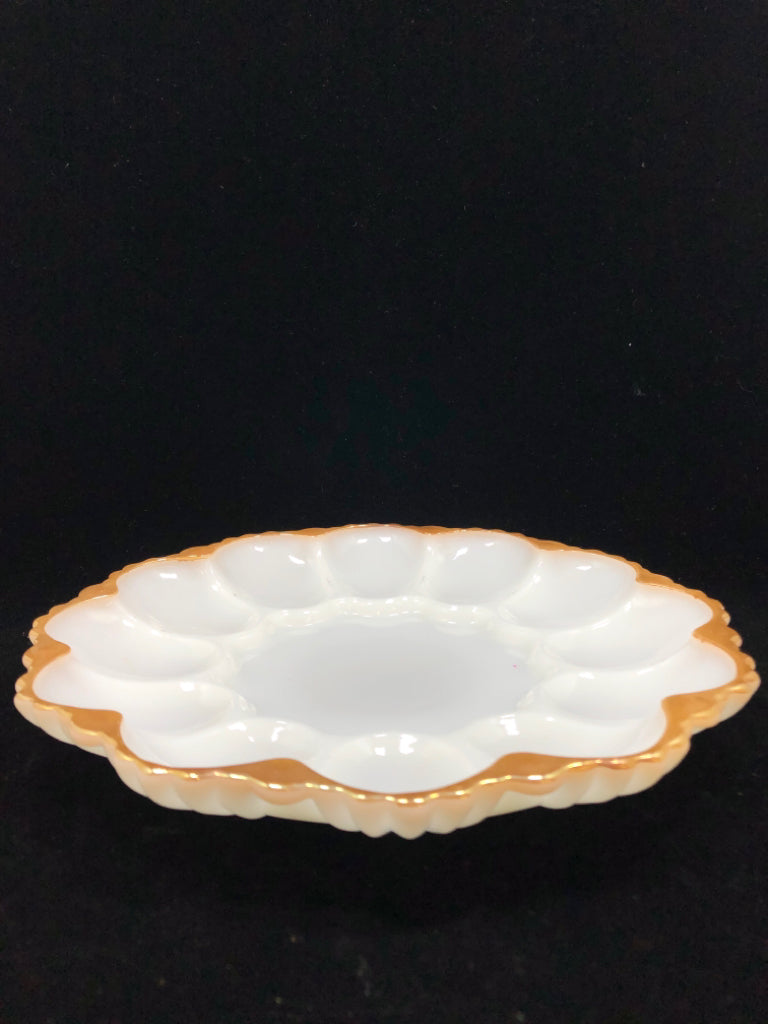 VTG GOLD LINED MILK-GLASS DEVILED EGG PLATTER.