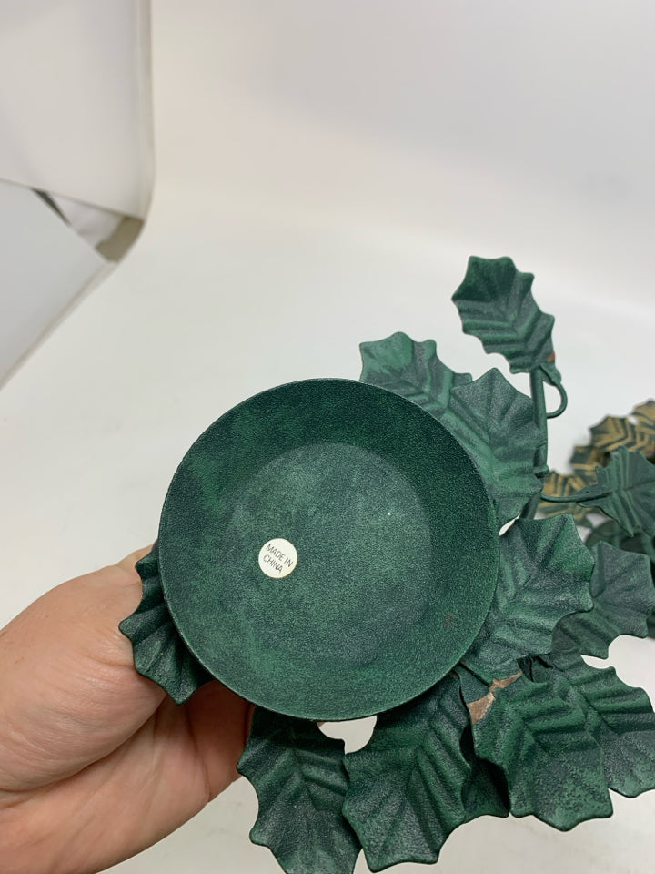 2 METAL HOLLY TAPERED CANDLE HOLDERS.