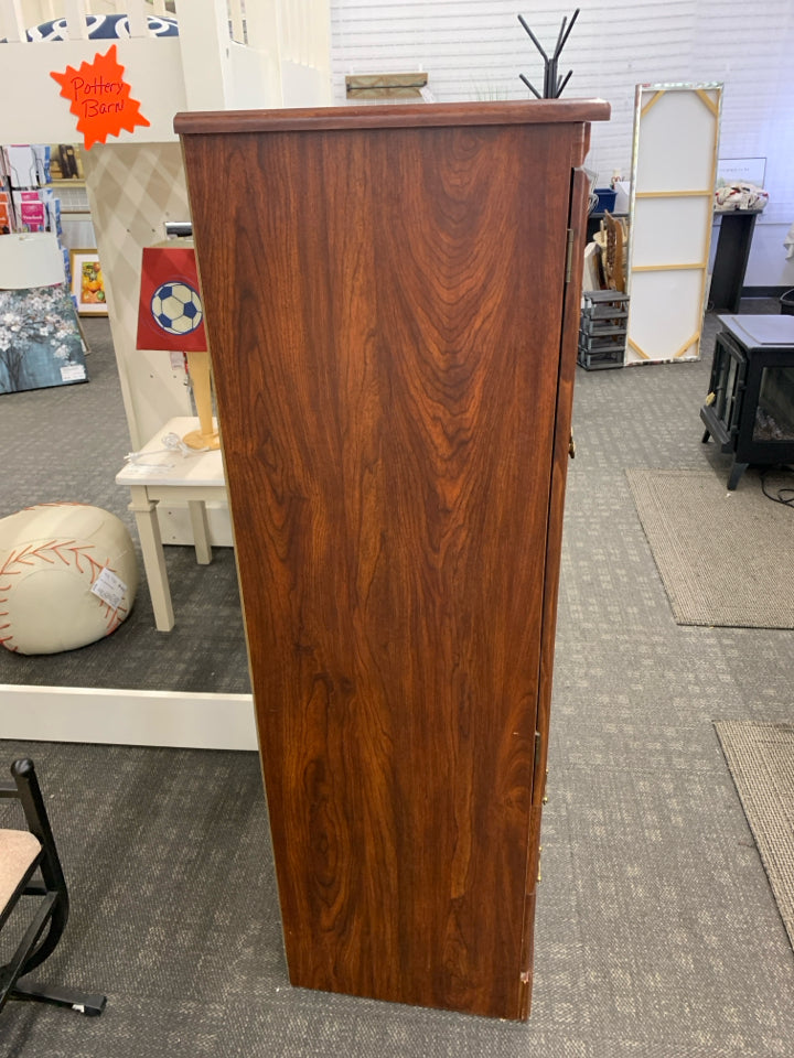 FAUX CHERRY WOOD ARMOIRE 2 DRAWERS CABINET W/ 3 SHELVES GOLD HARDWARE.
