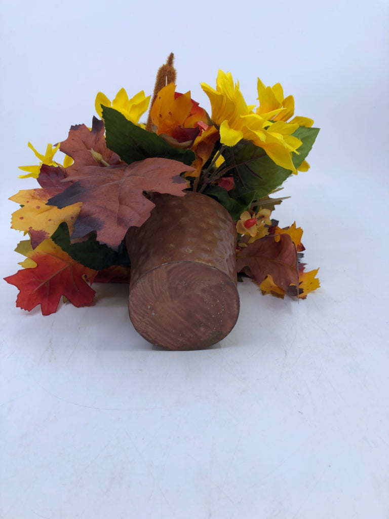 BROWN TEXTURED PLANTER W/ FAUX FALL BOUQUET.