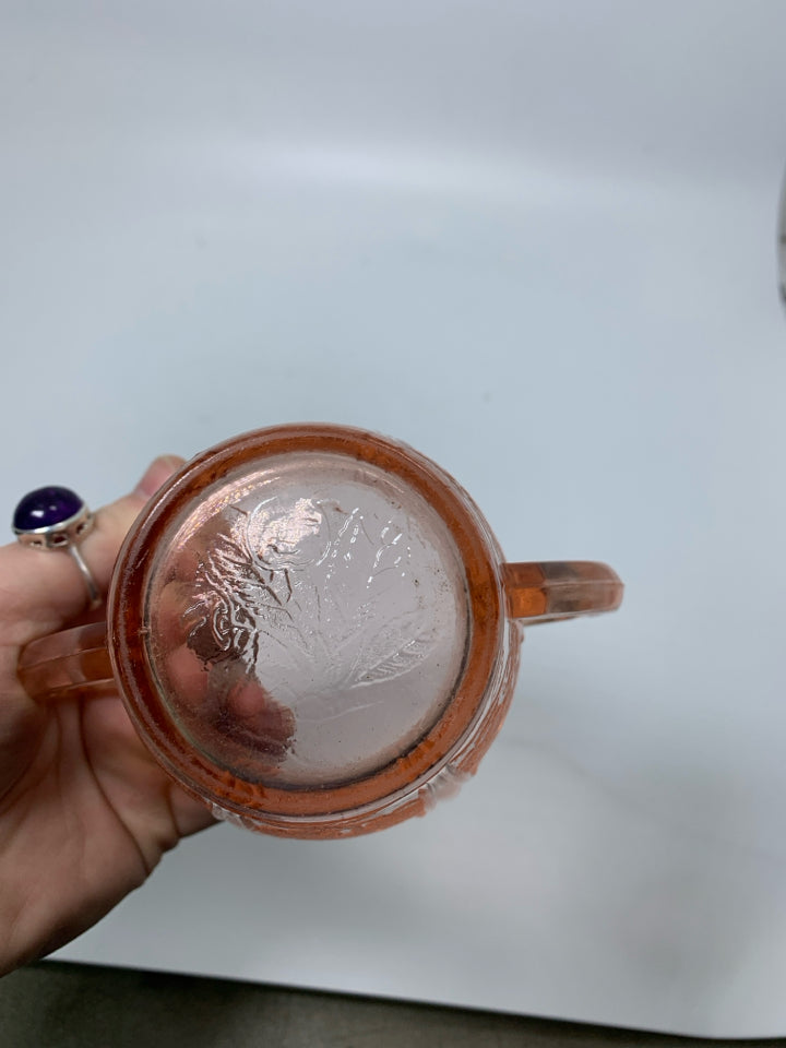 VTG DOUBLE HANDLE DEPRESSION GLASS W/ EMBOSSED FLOWERS.