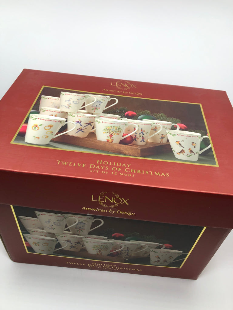 12 DAYS OF CHRISTMAS HOLIDAY MUGS - LENOX  - IN BOX.