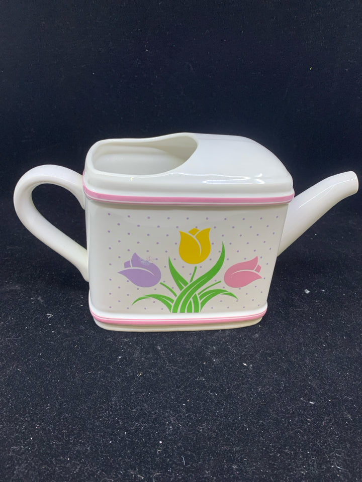 VTG PAINTED TULIP FAUX WATERING CAN PLANTER.
