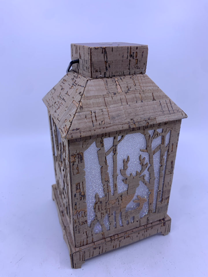 CORK SMALL LANTERN W/ DEER CUT OUTS LIGHT UP.