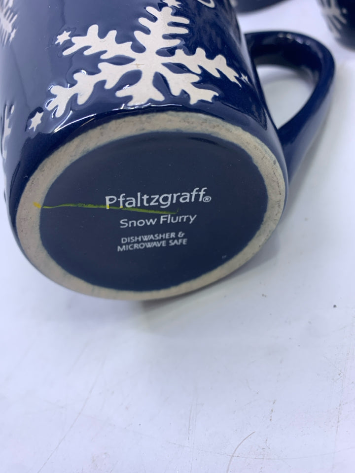 4 BLUE PFALTZGRAFF SNOW FLURRY MUGS.