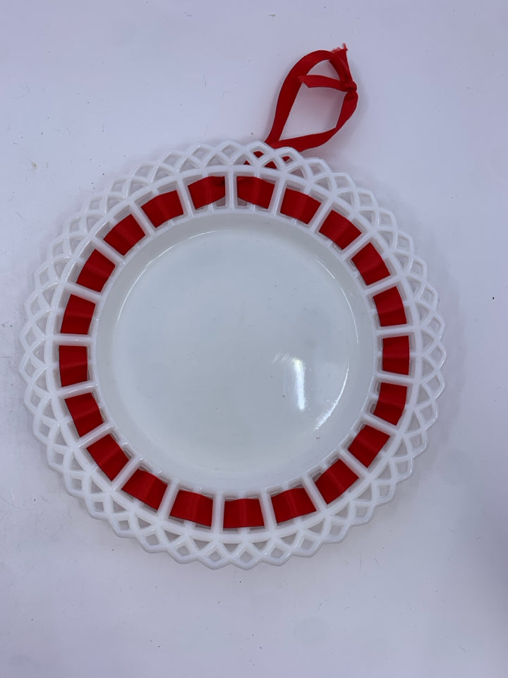 2 MILK GLASS RED RIBBON WALL ART.