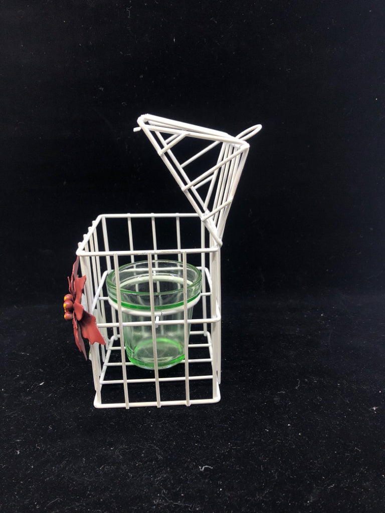 SMALL WHITE METAL BIRDCAGE TEA LIGHT HOLDER W FLORAL.