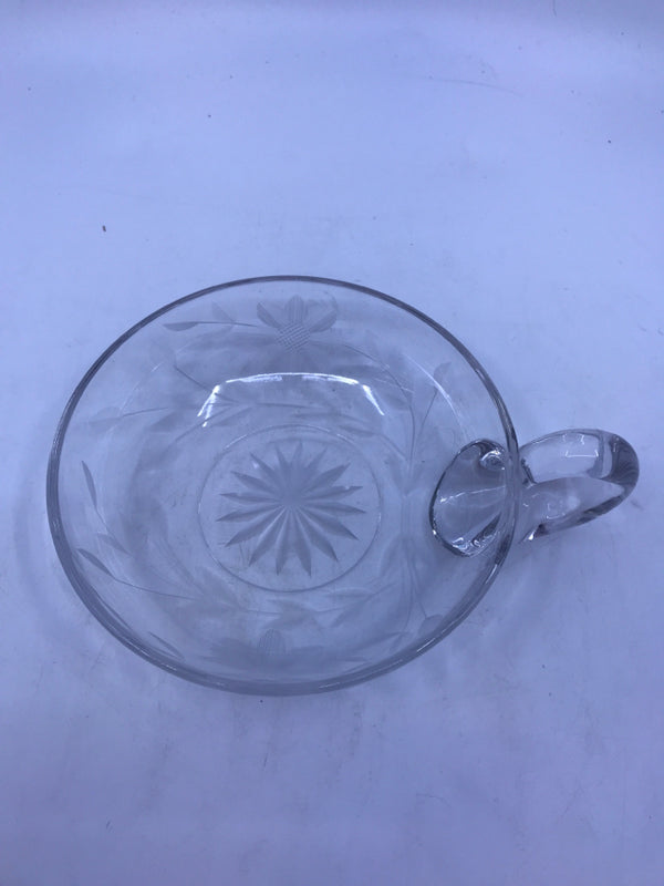 CLEAR ETCHED GLASS CANDY BOWL W/ HANDLE.