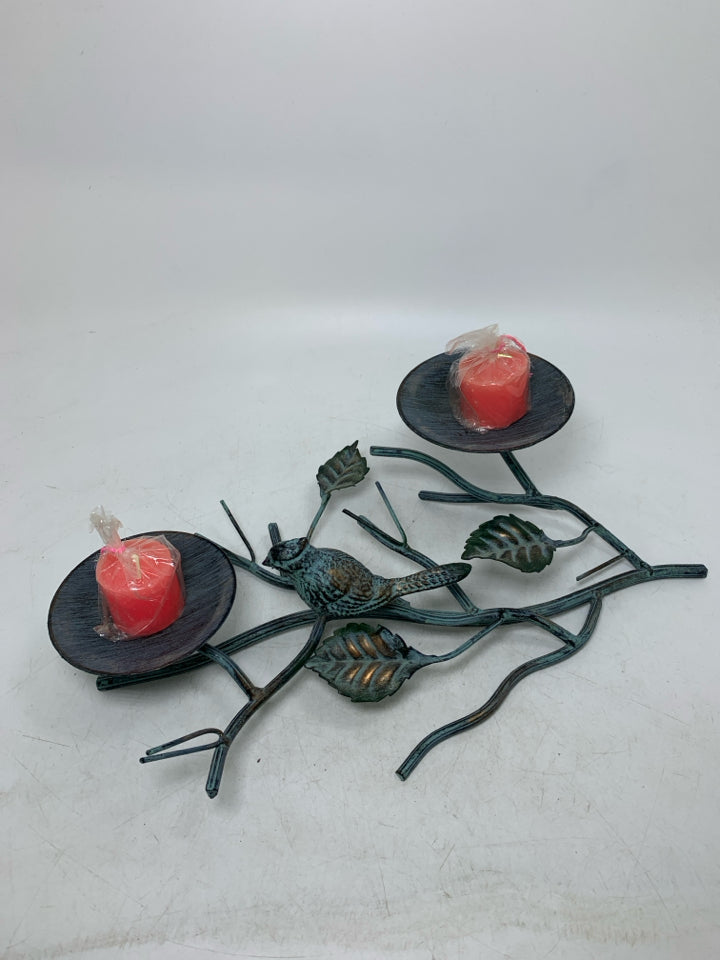 DISTRESSED BIRDS ON A BRANCH METAL 2 SLOT PILLAR CANDLE HOLDER.