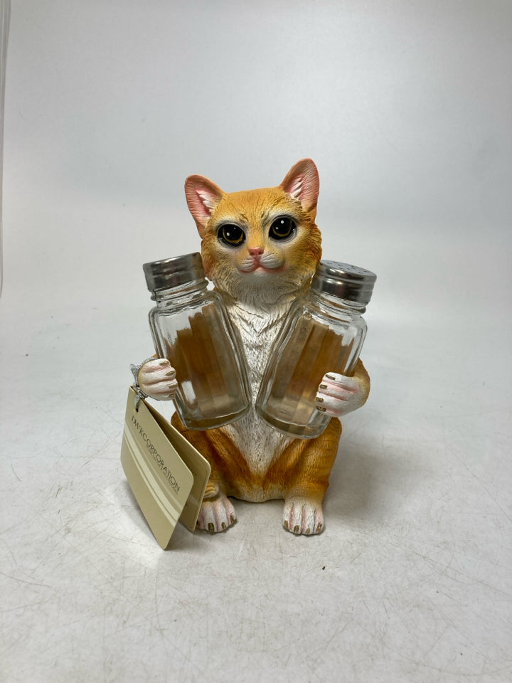 RESIN ORANGE CAT HOLDING SALT/PEPPER SHAKERS NWT.