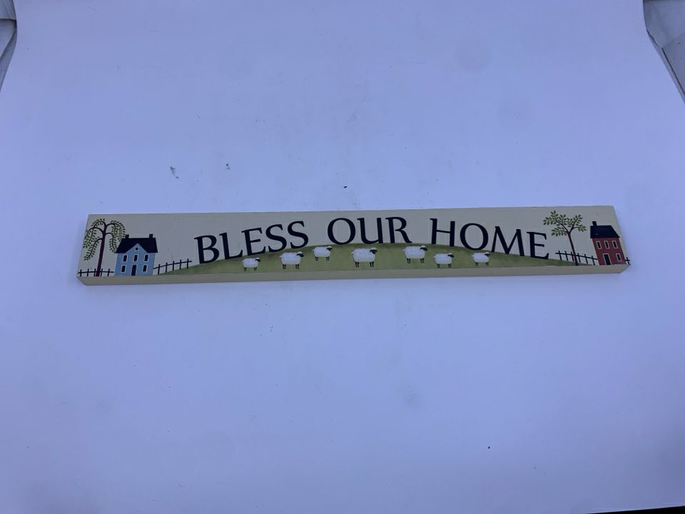 BLESS OUR HOME PRIMITIVE SIGN SHEEP BLOCK SIGN.