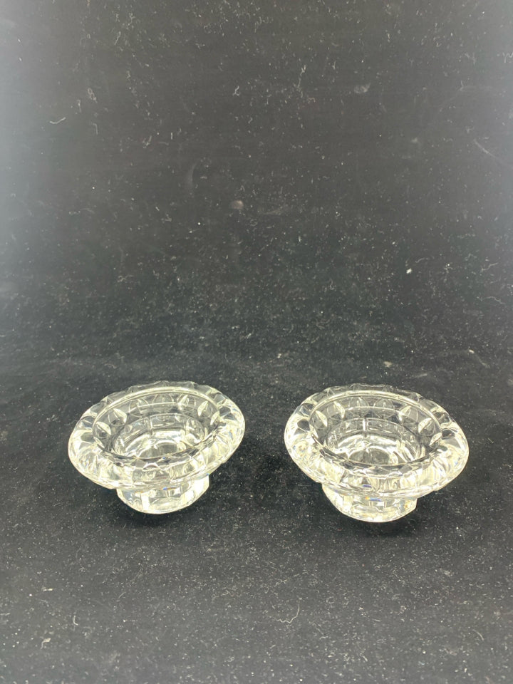 2 SHORT GLASS TAPERED CANDLE HOLDERS MADE IN FRANCE.