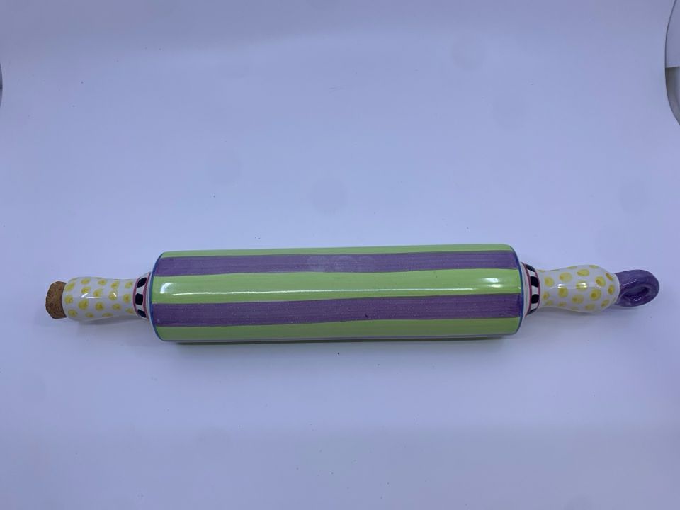 MCKENZIE-CHILDS LIGHT PURPLE AND GREEN FILL-ABLE ROLLING PIN.