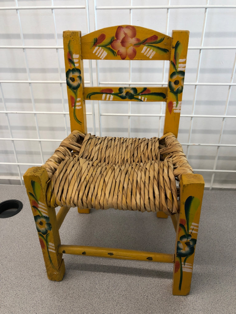 VTG FLORAL PAINTED DOLL CHAIR W/WICKER SEAT.