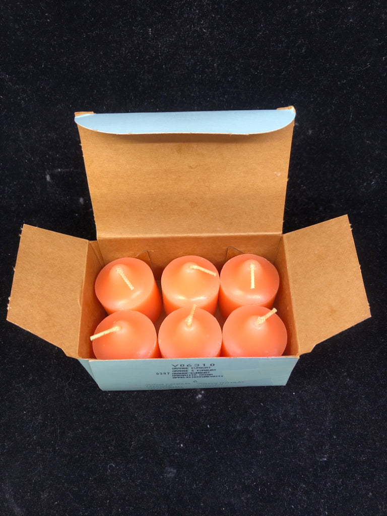 NIB 6 ORANGE KUMQUAT VOTIVE CANDLES.