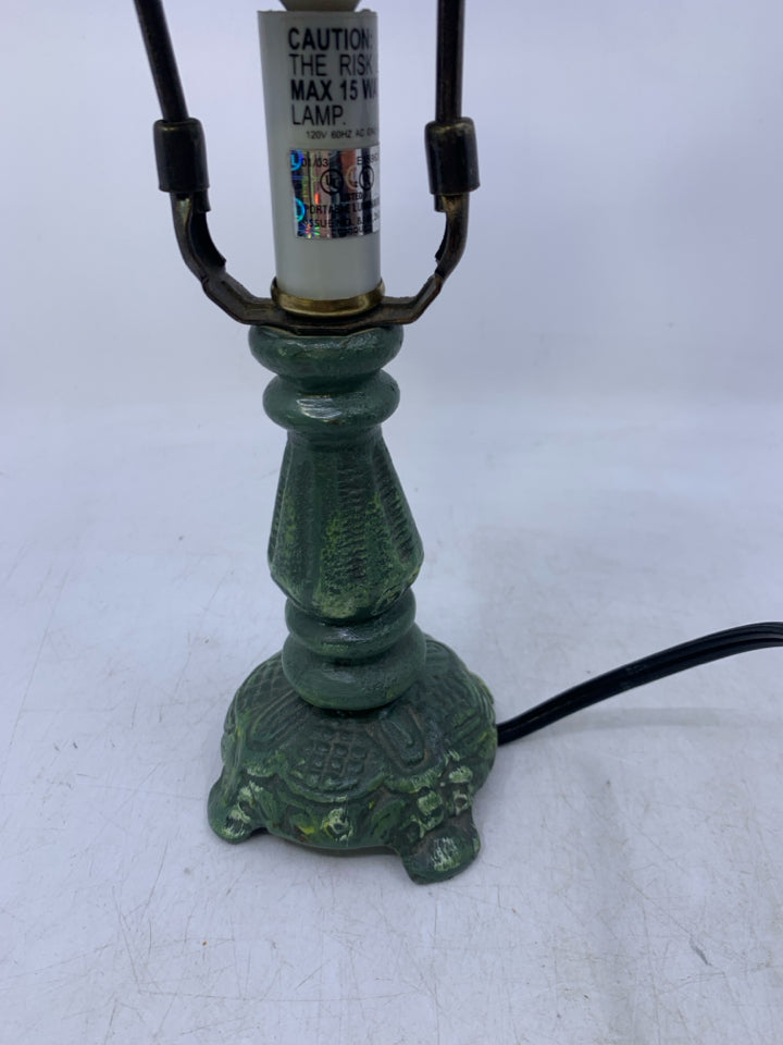 GREEN PAINTED METAL BASE LAMP W/ METAL SHADE PAINTED BLUE BIRD.