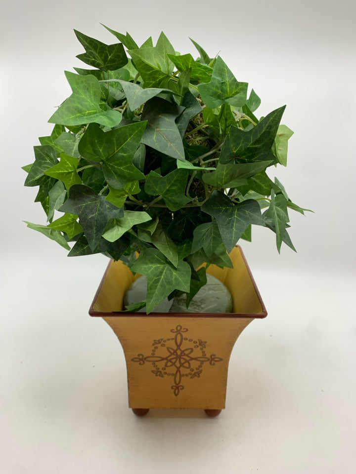 FAUX IVY TREE IN YELLOW METAL PLANTER.