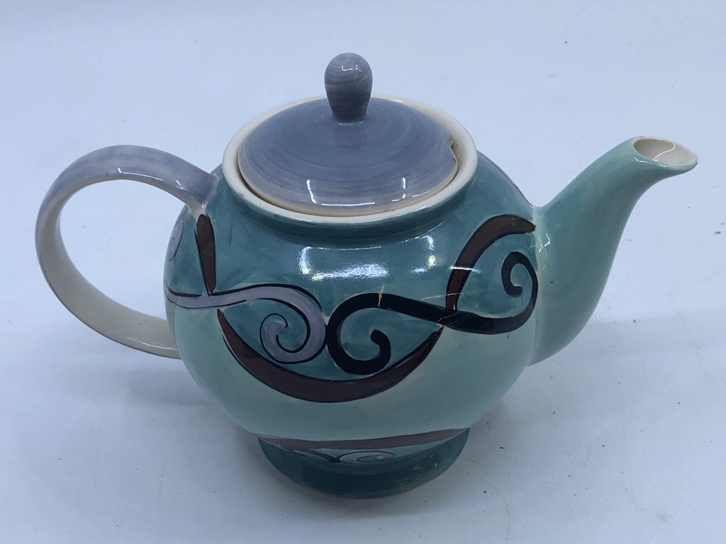 TEAL TEAPOT W/PURPLE PAINTED LID.