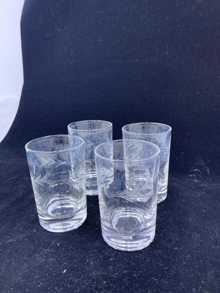 4 ETCHED JUICE GLASSES.