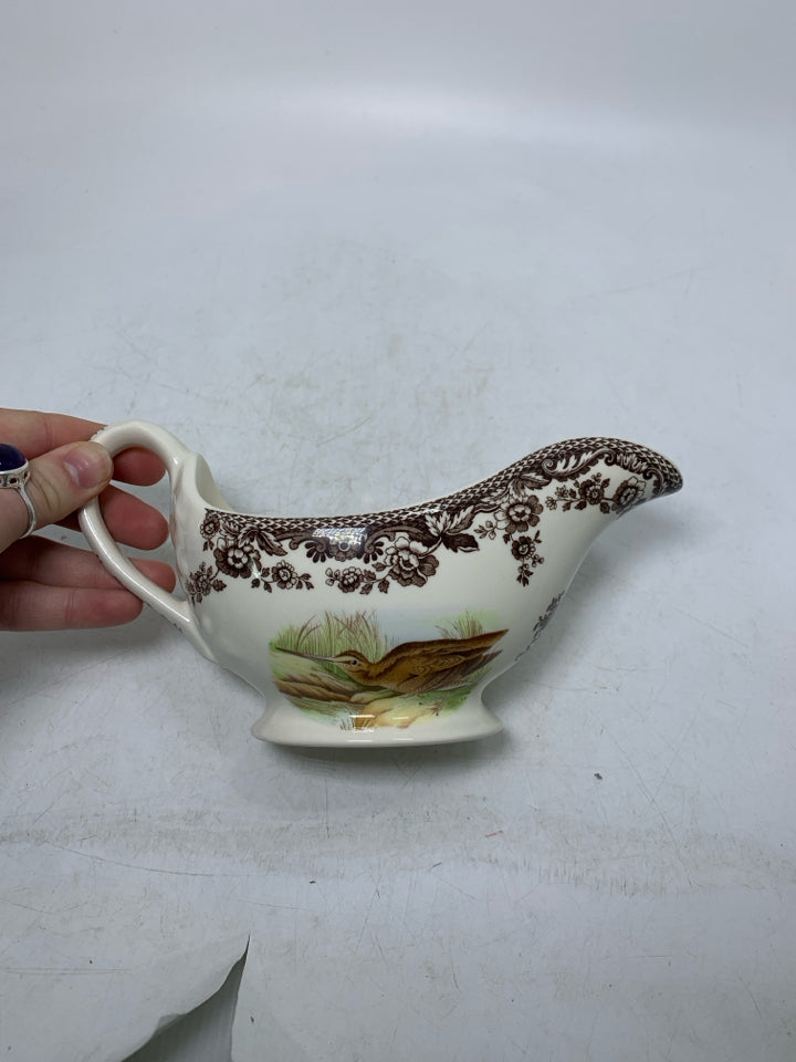 SPODE WOODLAND GRAVY BOAT W/ MALLARD DUCK & SNIPE BIRD BROWN FLORAL BOARDER.
